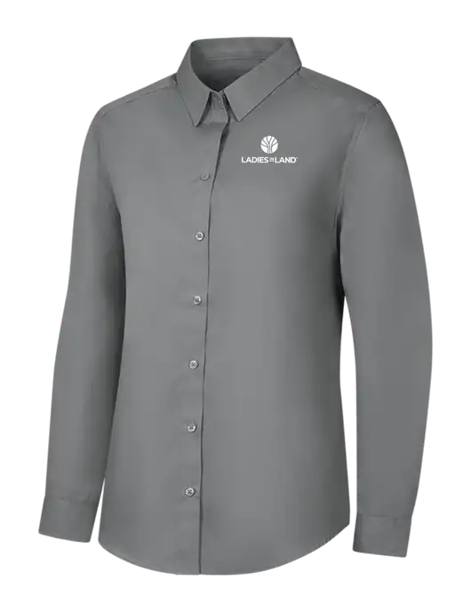 Womens Medium Grey Long Sleeve Carefree Poplin Shirt w/Ladies In Land Logo