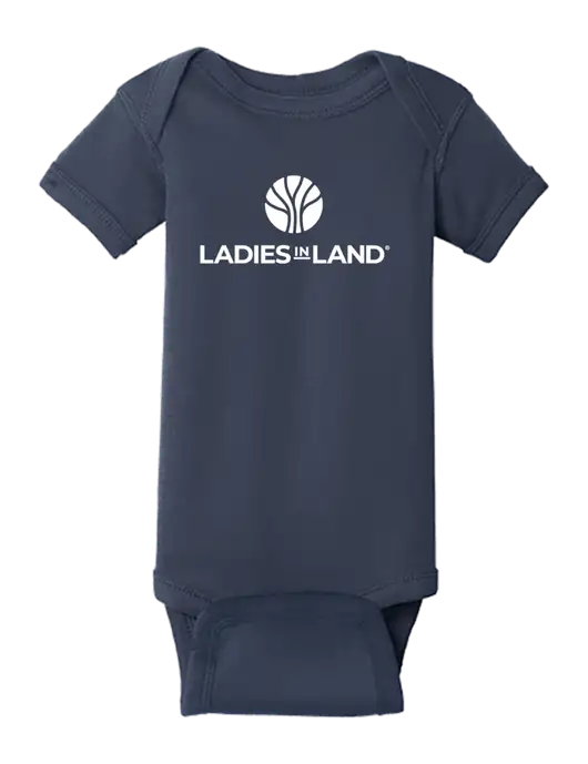 Rabbit Skins Navy Infant Short Sleeve Baby Rib Bodysuit w/Ladies In Land Logo
