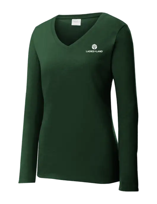 Womens  V-Neck Ring Spun Forest Green 4.5 oz Long Sleeve T-Shirt w/Ladies In Land Logo