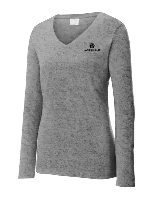 Womens  V-Neck Ring Spun Grey Heather 4.5 oz Long Sleeve T-Shirt w/Ladies In Land Logo