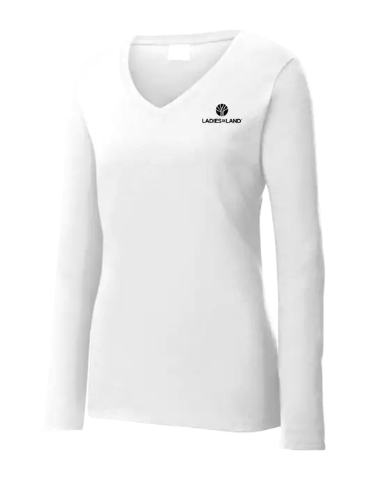 Womens  V-Neck Ring Spun White 4.5 oz Long Sleeve T-Shirt w/Ladies In Land Logo