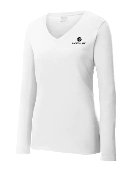 Womens  V-Neck Ring Spun White 4.5 oz Long Sleeve T-Shirt w/Ladies In Land Logo