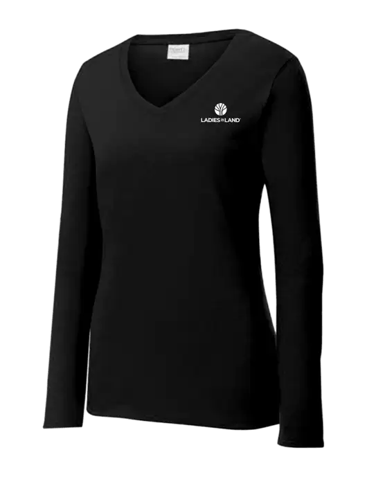 Womens V-Neck Ring Spun Jet Black 4.5 oz Long Sleeve T-Shirt w/Ladies In Land Logo