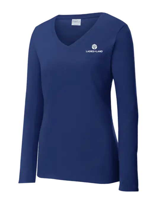Womens  V-Neck Ring Spun Navy 4.5 oz Long Sleeve T-Shirt w/Ladies In Land Logo