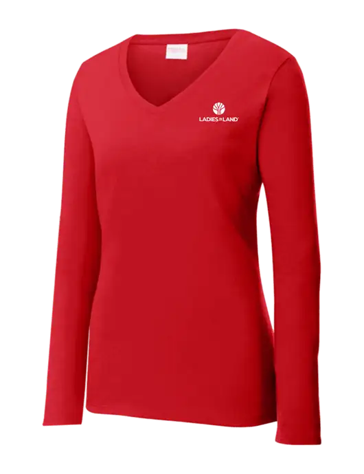 Womens  V-Neck Ring Spun Bright Red 4.5 oz Long Sleeve T-Shirt w/Ladies In Land Logo