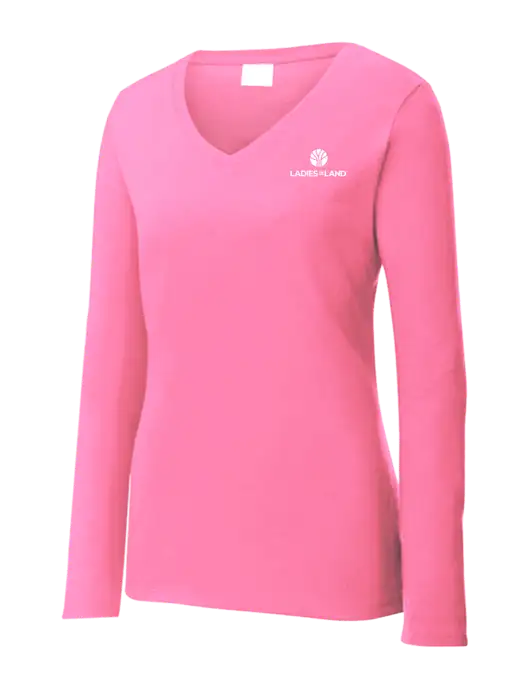 Womens  V-Neck Ring Spun Pink 4.5 oz Long Sleeve T-Shirt w/Ladies In Land Logo