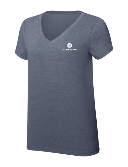 Womens Simply Soft V-Neck Navy Frost 4.5oz  Poly/Combed Ring Spun Cotton T-Shirt w/Ladies In Land Logo