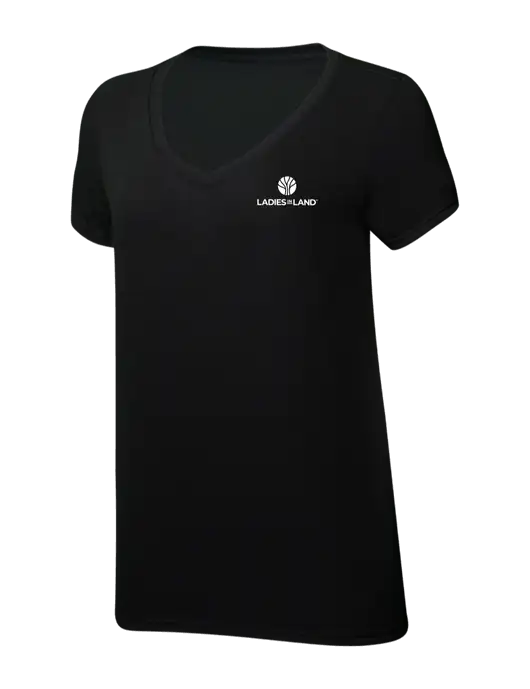 Womens Simply Soft V-Neck Black 4.5oz  Poly/Combed Ring Spun Cotton T-Shirt w/Ladies In Land Logo