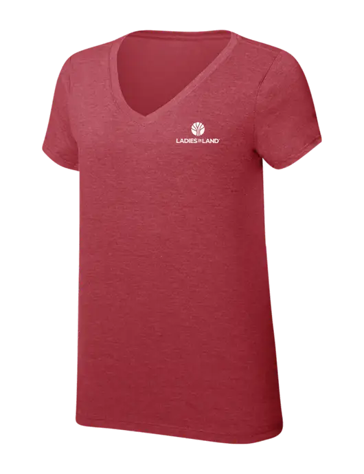 Womens Simply Soft V-Neck Red Frost 4.5oz  Poly/Combed Ring Spun Cotton T-Shirt w/Ladies In Land Logo