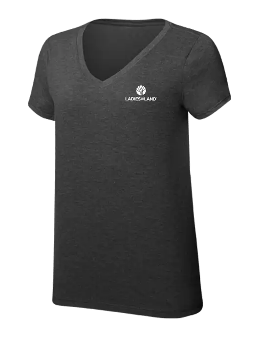 Womens Simply Soft V-Neck Black Frost 4.5oz  Poly/Combed Ring Spun Cotton T-Shirt w/Ladies In Land Logo