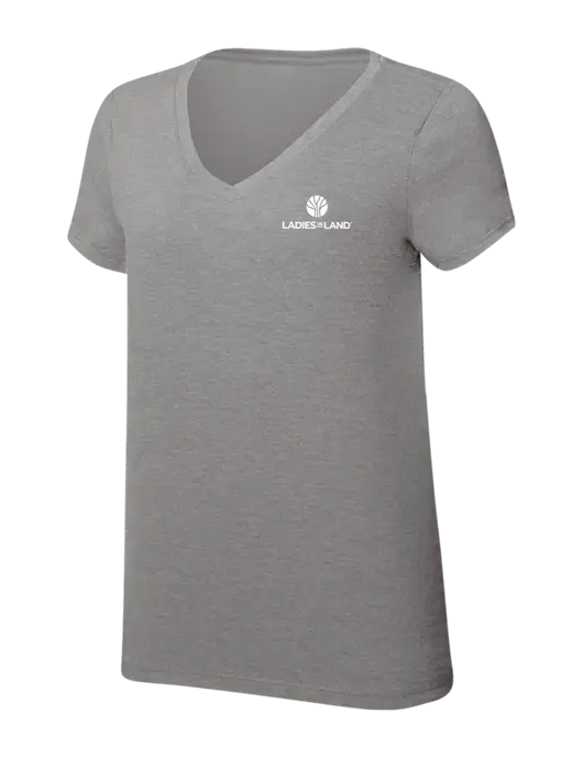 Womens Simply Soft V-Neck Grey Frost 4.5oz  Poly/Combed Ring Spun Cotton T-Shirt w/Ladies In Land Logo