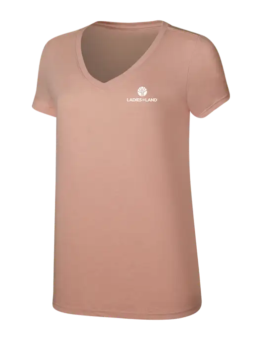 Womens Simply Soft V-Neck Heather Dusty Peach 4.5oz  Poly/Combed Ring Spun Cotton T-Shirt w/Ladies In Land Logo