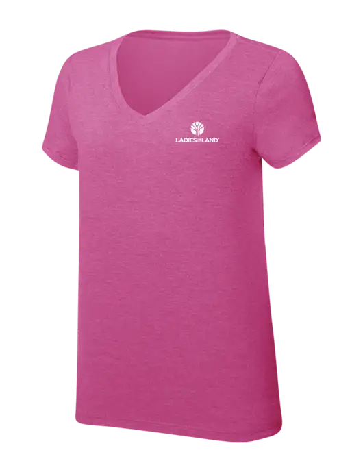 Womens Simply Soft V-Neck Fuschia Frost 4.5oz  Poly/Combed Ring Spun Cotton T-Shirt w/Ladies In Land Logo