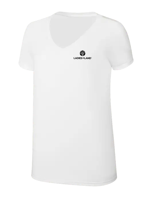 Womens Simply Soft V-Neck White 4.5oz  Poly/Combed Ring Spun Cotton T-Shirt w/Ladies In Land Logo