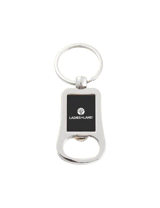 Silver & Black Bottle Opener Keychain w/Ladies In Land Logo