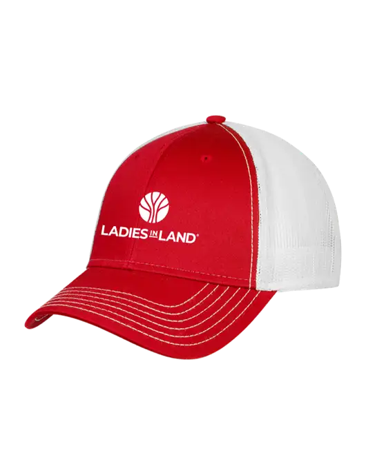 Red/White Mesh Trucker Cap Snap Back w/Ladies In Land Logo