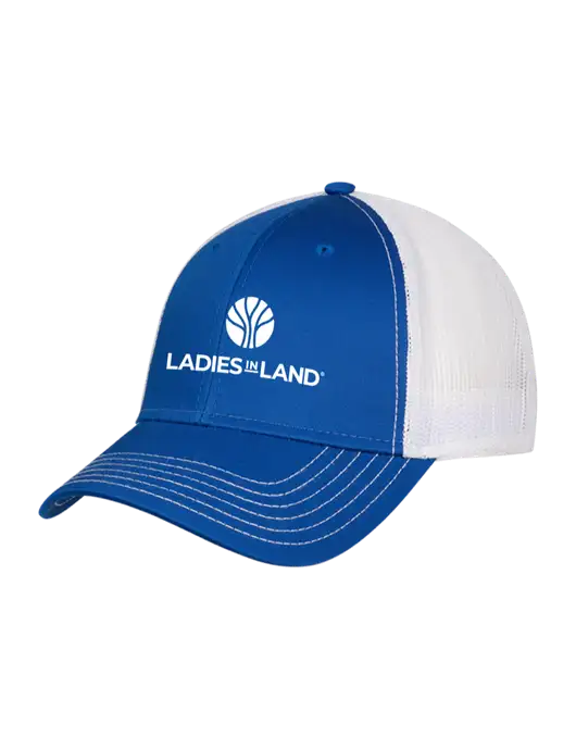 Royal/White Mesh Trucker Cap Snap Back w/Ladies In Land Logo