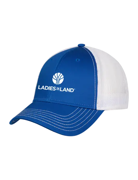 Royal & White Mesh Trucker Cap Snap Back w/Ladies In Land Logo