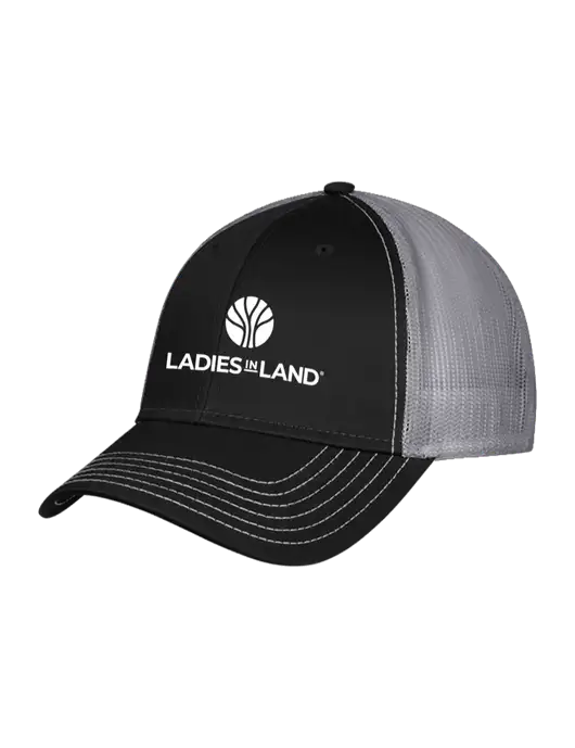 Black/Medium Dark Grey Mesh Trucker Cap Snap Back w/Ladies In Land Logo