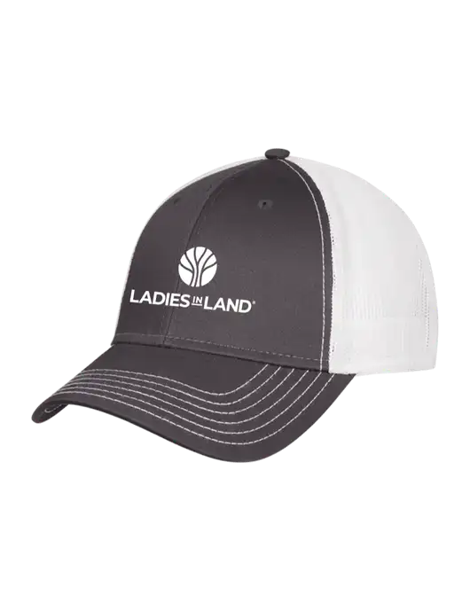 Dark Grey/White Mesh Trucker Cap Snap Back w/Ladies In Land Logo