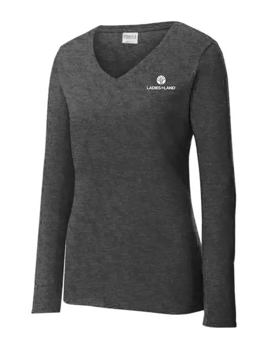 Womens  V-Neck Ring Spun Dark Heather Grey 4.5 oz Long Sleeve T-Shirt w/Ladies In Land Logo