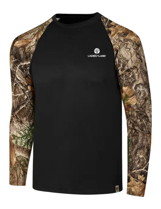 Russell Outdoors Black/Realtree Edge Camo Colorblock Performance Long Sleeve T-Shirt w/Ladies In Land Logo
