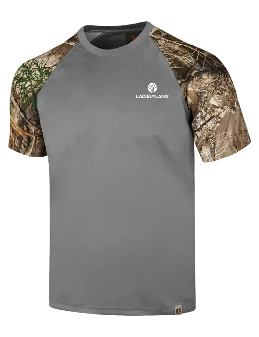 Russell Outdoors Medium Grey/Realtree Edge Camo Colorblock Performance T-Shirt w/Ladies In Land Logo