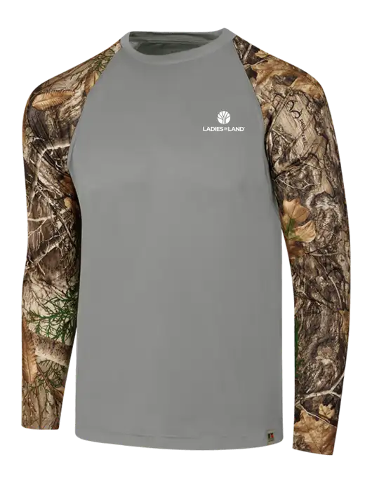 Russell Outdoors Medium Grey/Realtree Edge Camo Colorblock Performance Long Sleeve T-Shirt w/Ladies In Land Logo
