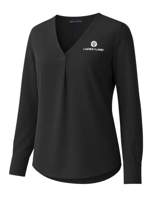 Brooks Brothers Womens Black Open-Neck Satin Blouse  w/Ladies In Land Logo