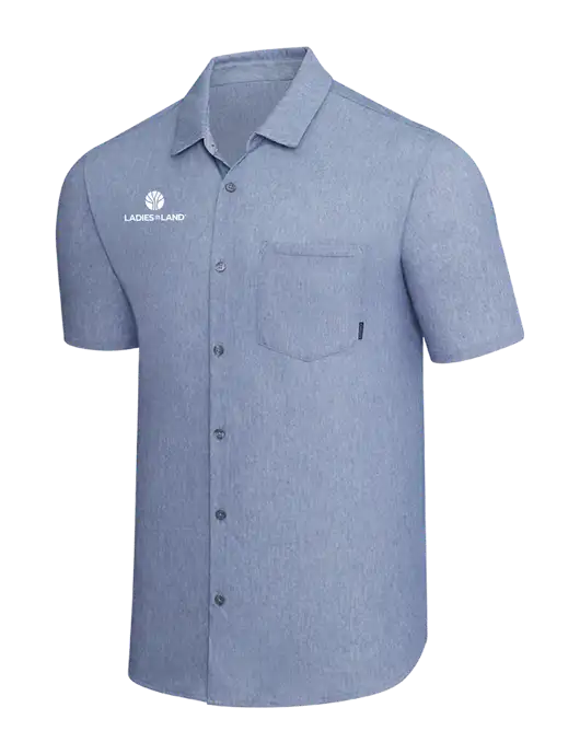 OGIO Slate Blue Heather Extend Short Sleeve Button Up Shirt w/Ladies In Land Logo