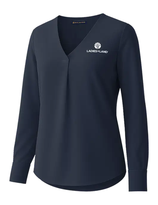 Brooks Brothers Womens Dark Navy Open-Neck Satin Blouse  w/Ladies In Land Logo