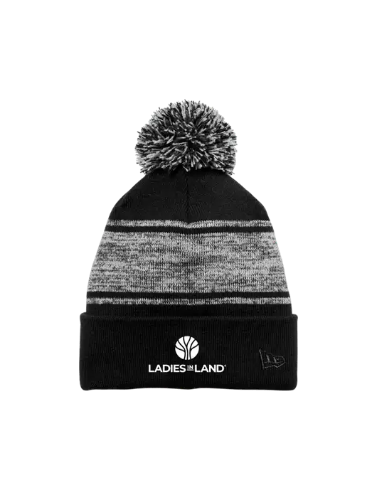 New Era Black/Charcoal Knit Chilled Pom Beanie w/Ladies In Land Logo