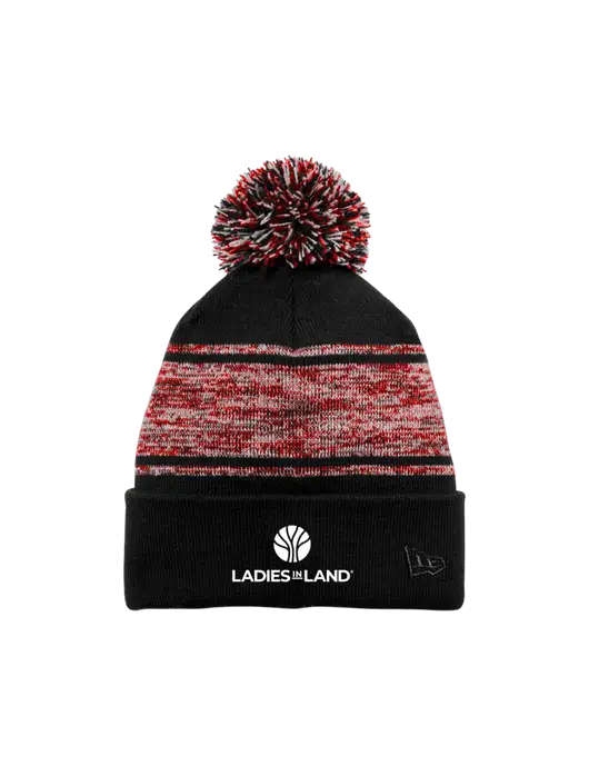 New Era Black/Red Knit Chilled Pom Beanie w/Ladies In Land Logo