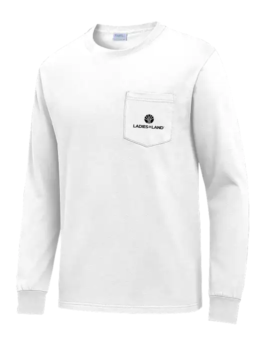 White Long Sleeve Heavyweight 6.1 oz Pocket T-Shirt w/Ladies In Land Logo