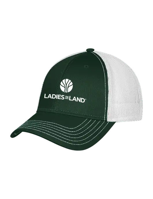 Dark Green/White Mesh Trucker Cap Snap Back w/Ladies In Land Logo