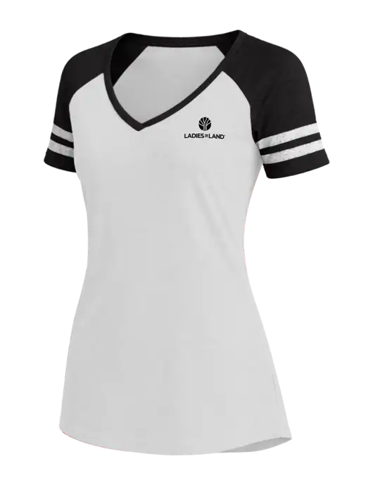 Womens White/Black V-Neck Game Tee w/Ladies In Land Logo