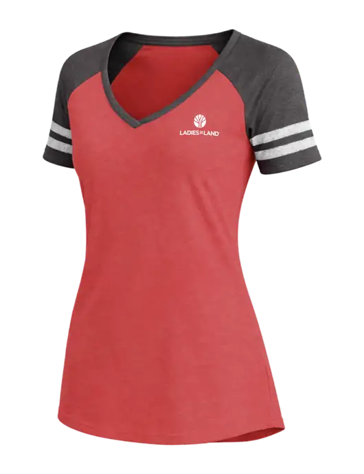 Womens Red Heather/Charcoal Heather V-Neck Game Tee w/Ladies In Land Logo