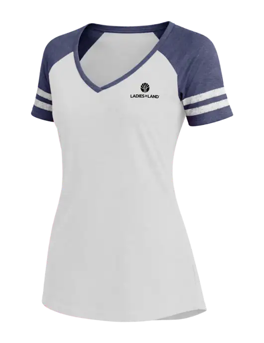 Womens White/Navy Heather V-Neck Game Tee w/Ladies In Land Logo