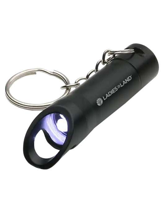 Black Pocket LED Flashlight with Bottle Opener & Keychain w/Ladies In Land Logo