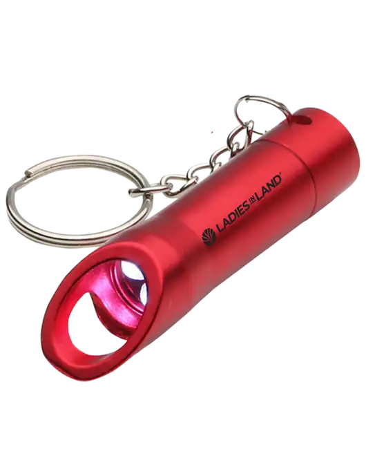 Red Pocket LED Flashlight with Bottle Opener & Keychain w/Ladies In Land Logo