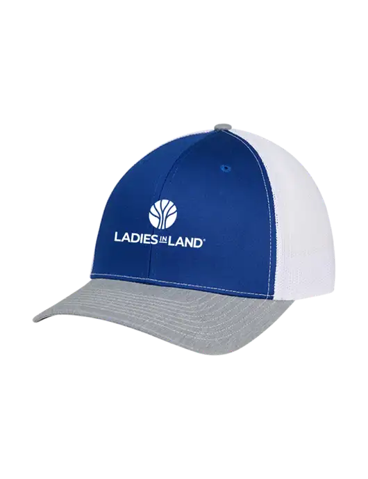Richardson Adjustable Snapback Original 112 Trucker Cap Royal/HeatherGrey/White Mesh w/Ladies In Land Logo