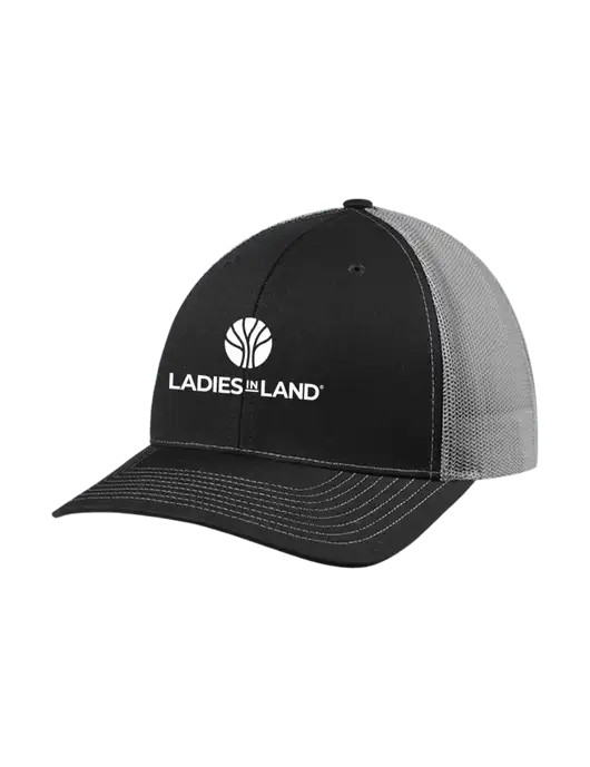 Richardson Adjustable Snapback Original 112 Trucker Cap Black w/Charcoal Mesh w/Ladies In Land Logo