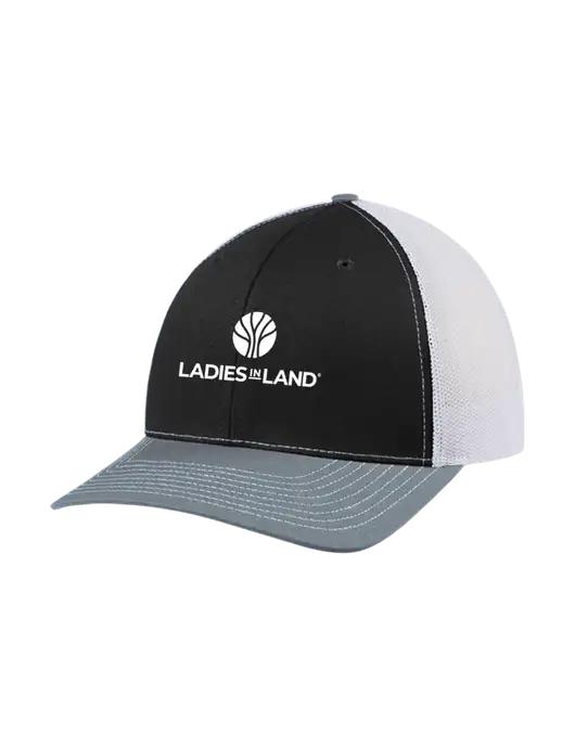 Richardson Adjustable Snapback Original 112 Trucker Cap Black/Light Heather Grey/White Mesh w/Ladies In Land Logo