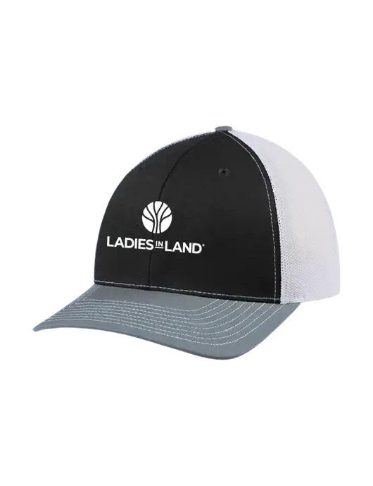 Richardson Adjustable Snapback Original 112 Trucker Cap Black/Light Heather Grey/White Mesh w/Ladies In Land Logo
