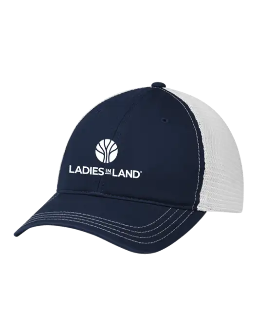 Richardson 111 Garment Washed Trucker Cap Navy w/White Mesh w/Ladies In Land Logo