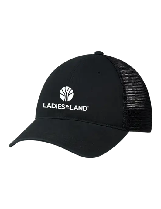 Richardson 111 Garment Washed Trucker Cap Black w/Black Mesh w/Ladies In Land Logo