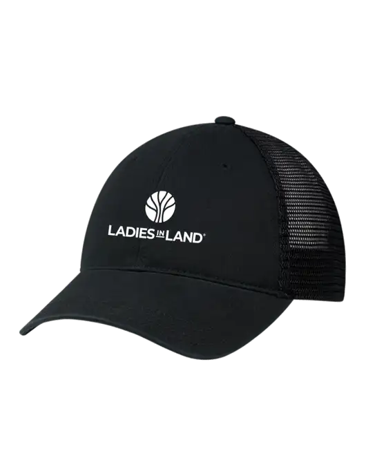 Richardson 111 Garment Washed Trucker Cap Black w/Black Mesh w/Ladies In Land Logo