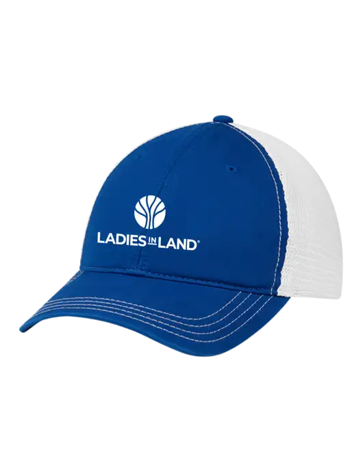 Richardson 111 Garment Washed Trucker Cap Royal w/White Mesh w/Ladies In Land Logo