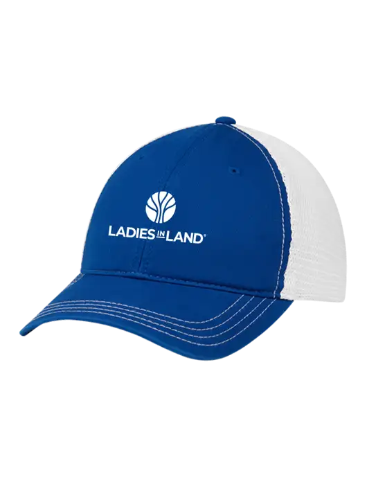 Richardson 111 Garment Washed Trucker Cap Royal w/White Mesh w/Ladies In Land Logo