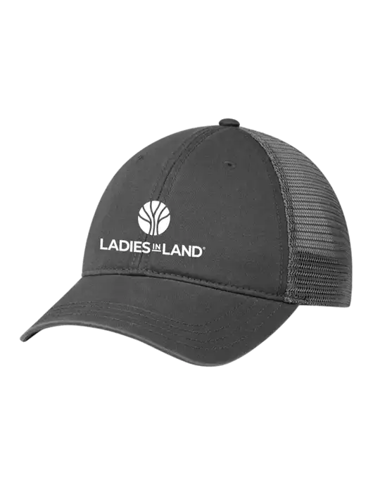 Richardson 111 Garment Washed Trucker Cap Charcoal w/Charcoal Mesh w/Ladies In Land Logo